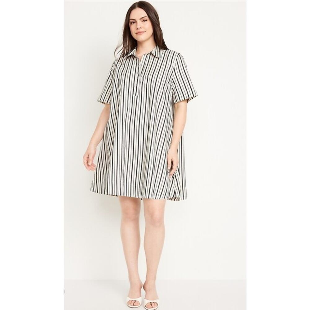 Old Navy Mini Shirt Dress Large Gray White Stripe Collar Preppy Academia Office